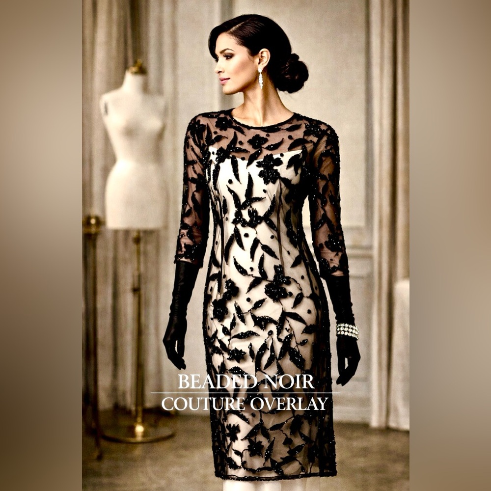 VTG Heavy Beaded Mesh Overlay Dress Black Floral Couture Evening Wear Art Size S - Picture 9 of 11